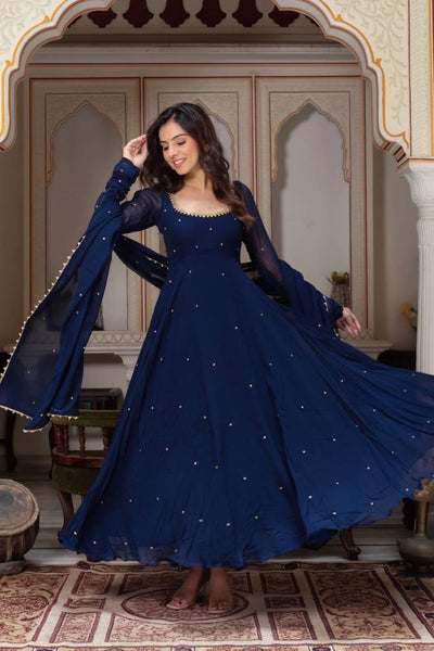 Navy Blue Moti Embroidered Anarkali Suit