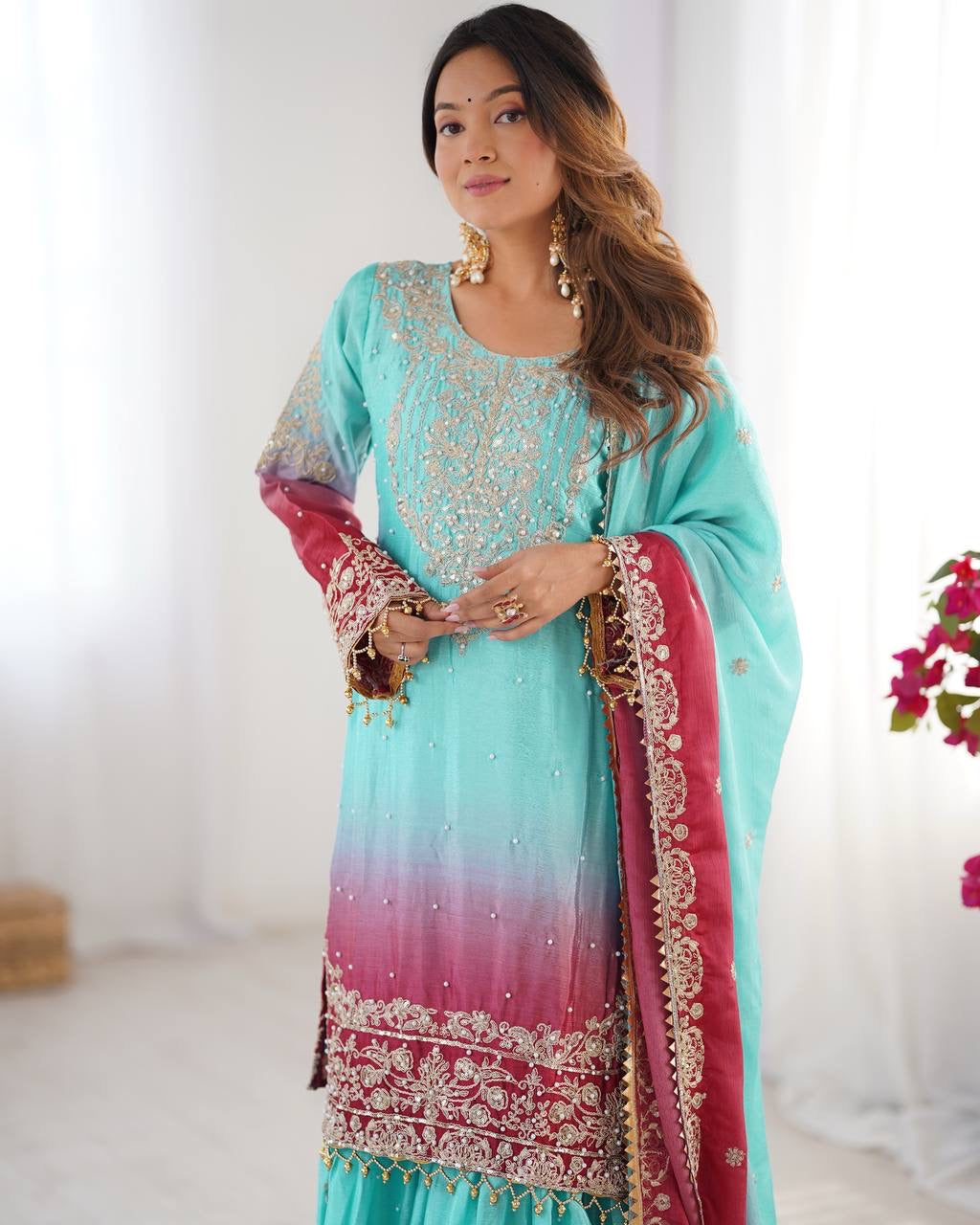 SKY COLOR WEDDING WEAR CHINON SILK PLAZZO DRESS