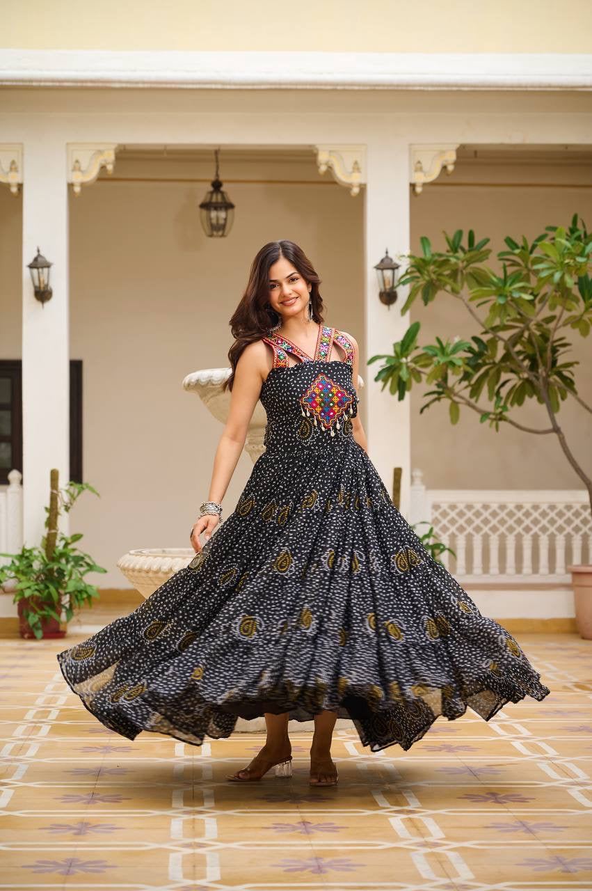 Black Navratri Bandhani Print Gown