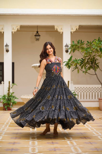 Black Navratri Bandhani Print Gown