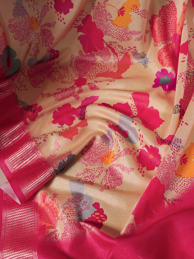 Elegant Tussar Silk Printed Saree With Viscose Border And Unstitched Blouse