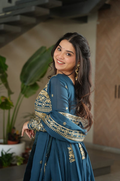 Green Teal Color Chinon Gown With Embroidery Dupatta