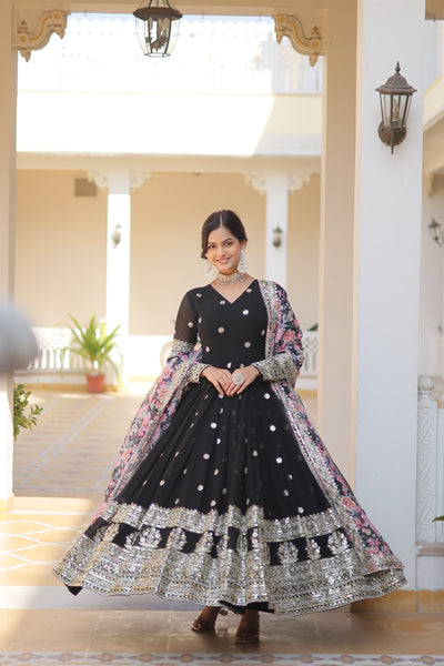Black Heavy Embroidery Gown With Printed Dupatta