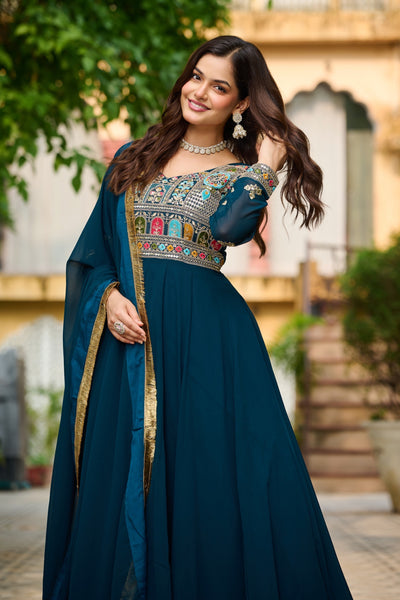 Charming Ethnic Gown With Multi-Thread Work And Zari Lace Dupatta