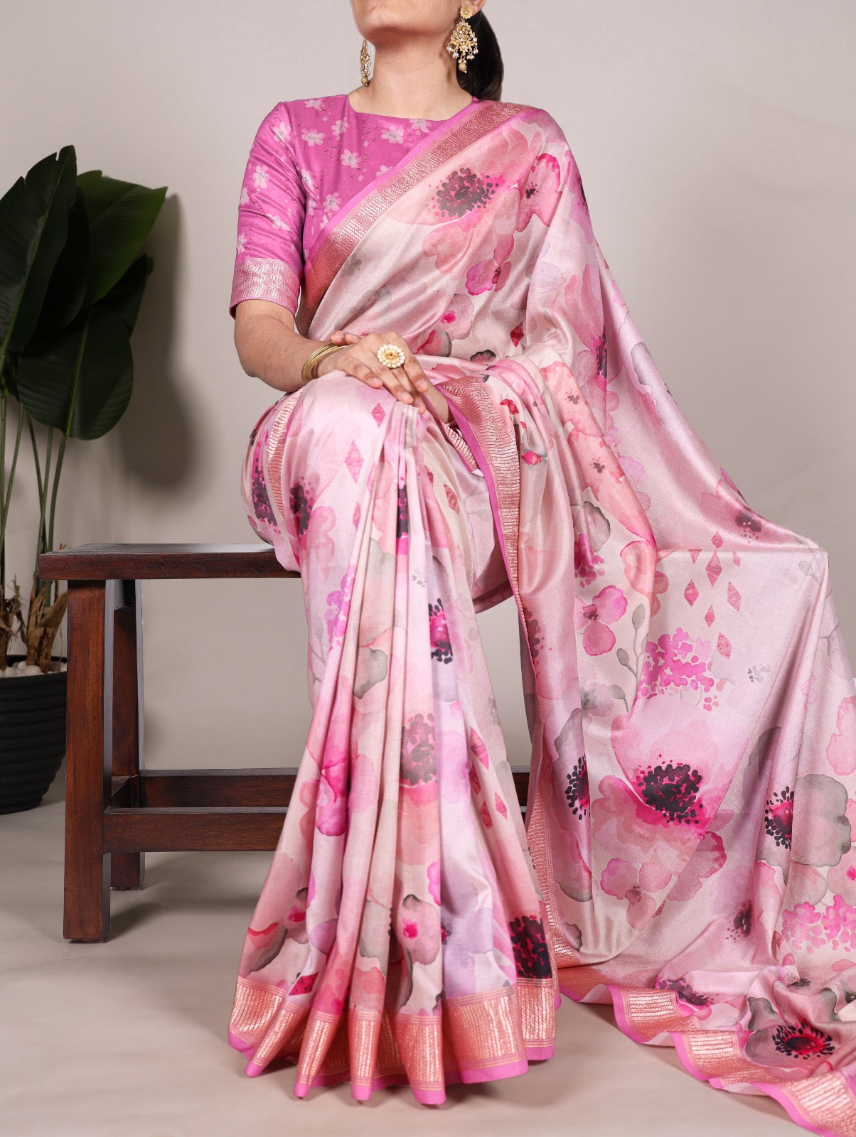 Elegant Tussar Silk Printed Saree With Viscose Border And Unstitched Blouse