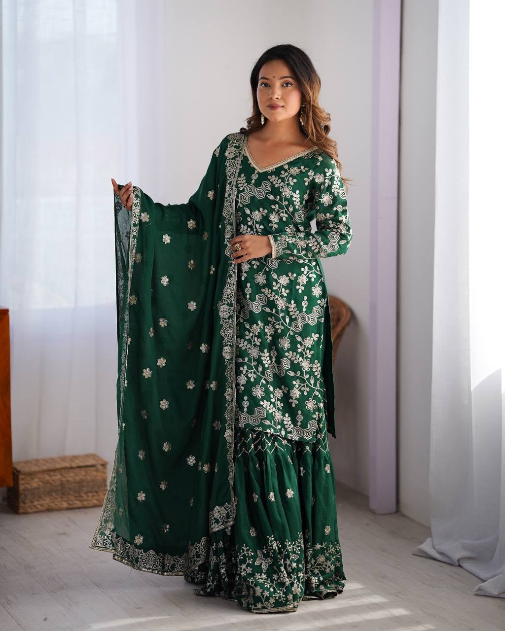 Green Color Designer Chinon Silk Sharara Set