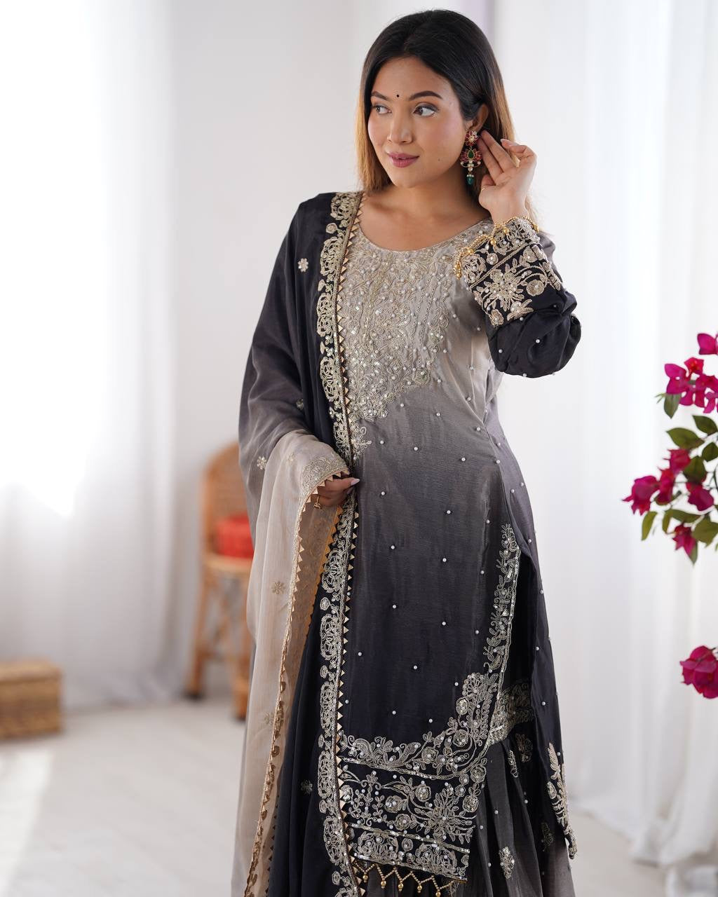 BLACK WEDDING WEAR CHINON SILK PLAZZO DRESS