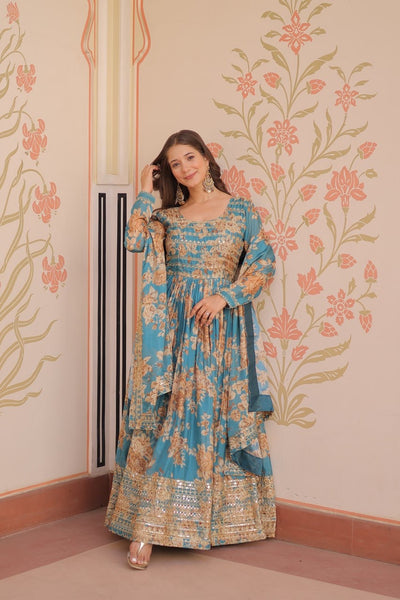 English Russian Silk Gown With Printed Dupatta