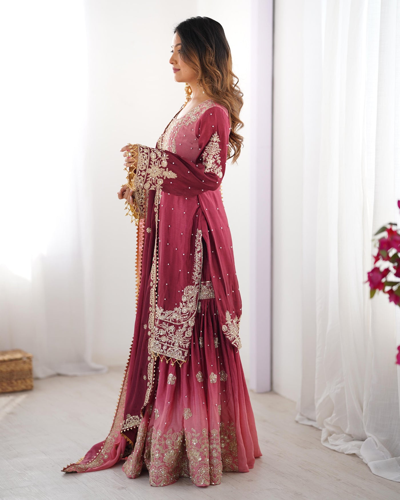 Solid Pink Color Wedding Wear Chinon Silk Plazzo Dress