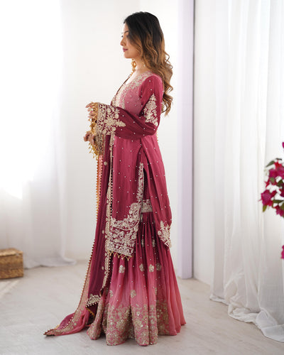 Solid Pink Color Wedding Wear Chinon Silk Plazzo Dress