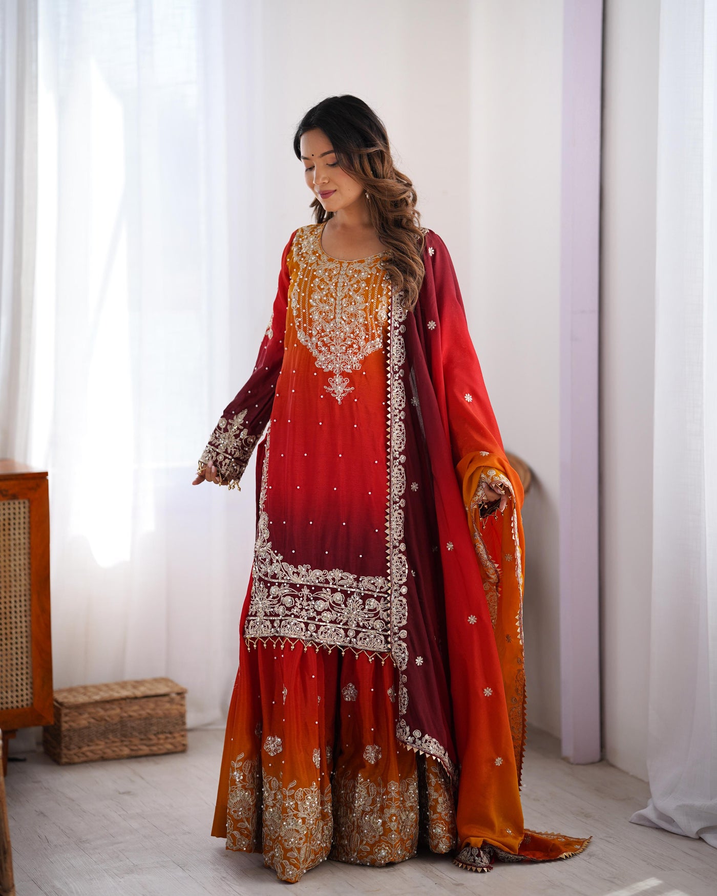 Red Wine Color Wedding Wear Chinon Silk Plazzo Dress