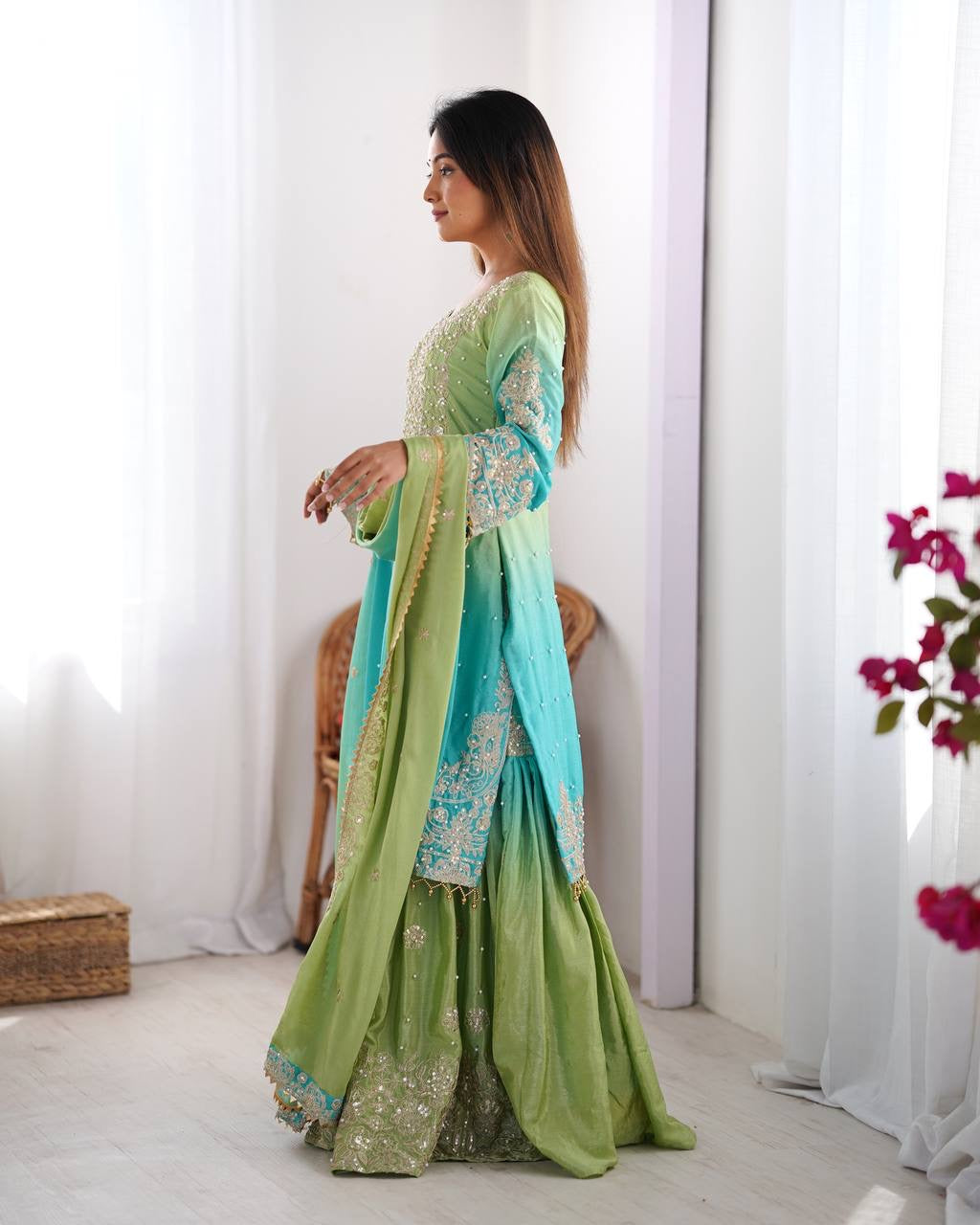 GREEN WITH SKY COLOR WEDDING WEAR CHINON SILK PLAZZO DRESS