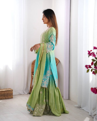 GREEN WITH SKY COLOR WEDDING WEAR CHINON SILK PLAZZO DRESS