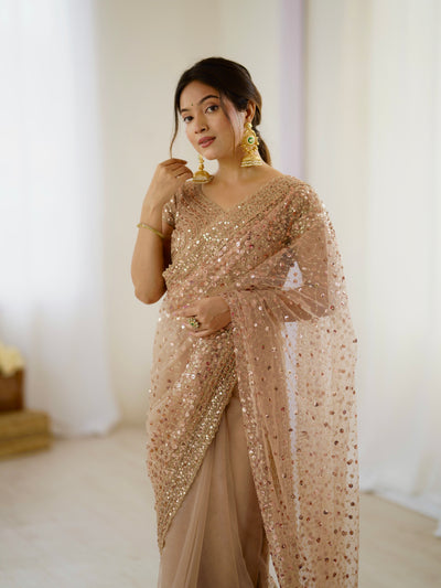 Almond Frost Color Net Saree With Fancy Dupatta