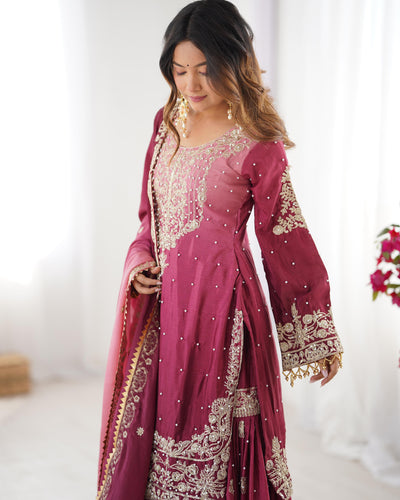 Solid Pink Color Wedding Wear Chinon Silk Plazzo Dress