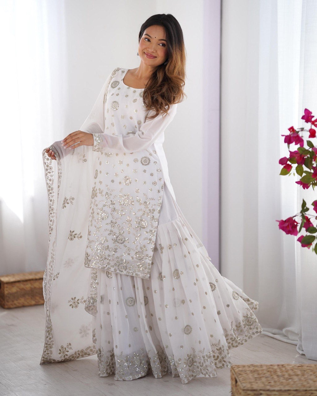 WHITE PARTYWEAR SHARARA SUIT WITH DUPATTA