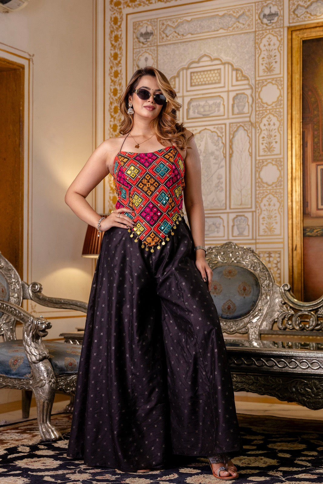 Black Embroidered Top With Pure Butti Flary Palazzo Set