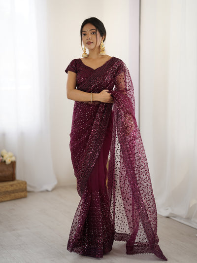 Wine Color Net Saree With Fancy Dupatta
