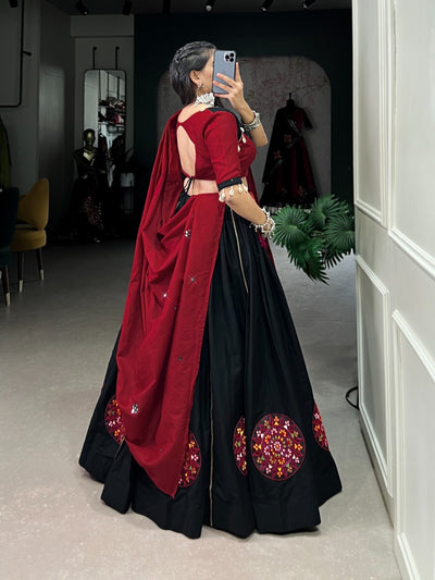 Navratri Special Black Cotton Lehenga Set With Gamthi & Mirror Work