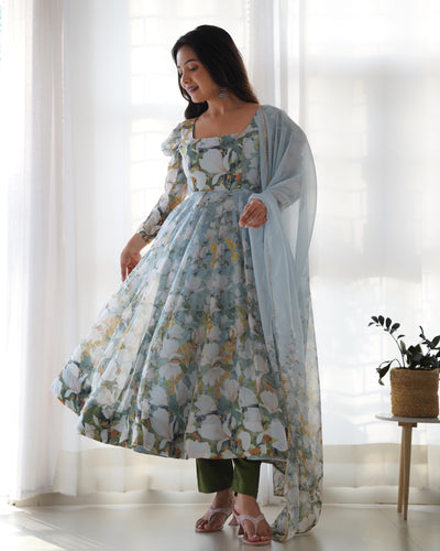 Floral Print Pure Organza Silk Anarkali Set with Dupatta and Ready-to-Wear Pant