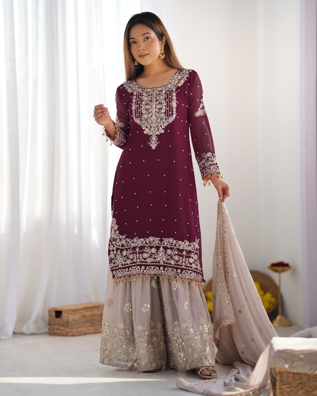 Wine Color Festival Designer Suit With Dupatta