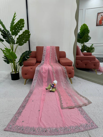 Pink Embroidery Saree With Silver Accents