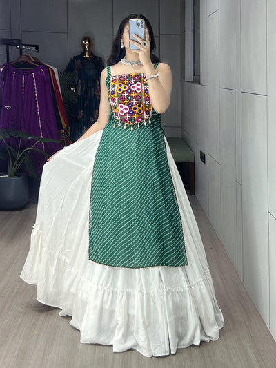 Green Color Georgette Leheriya Printed Kurti With Traditional Lehenga
