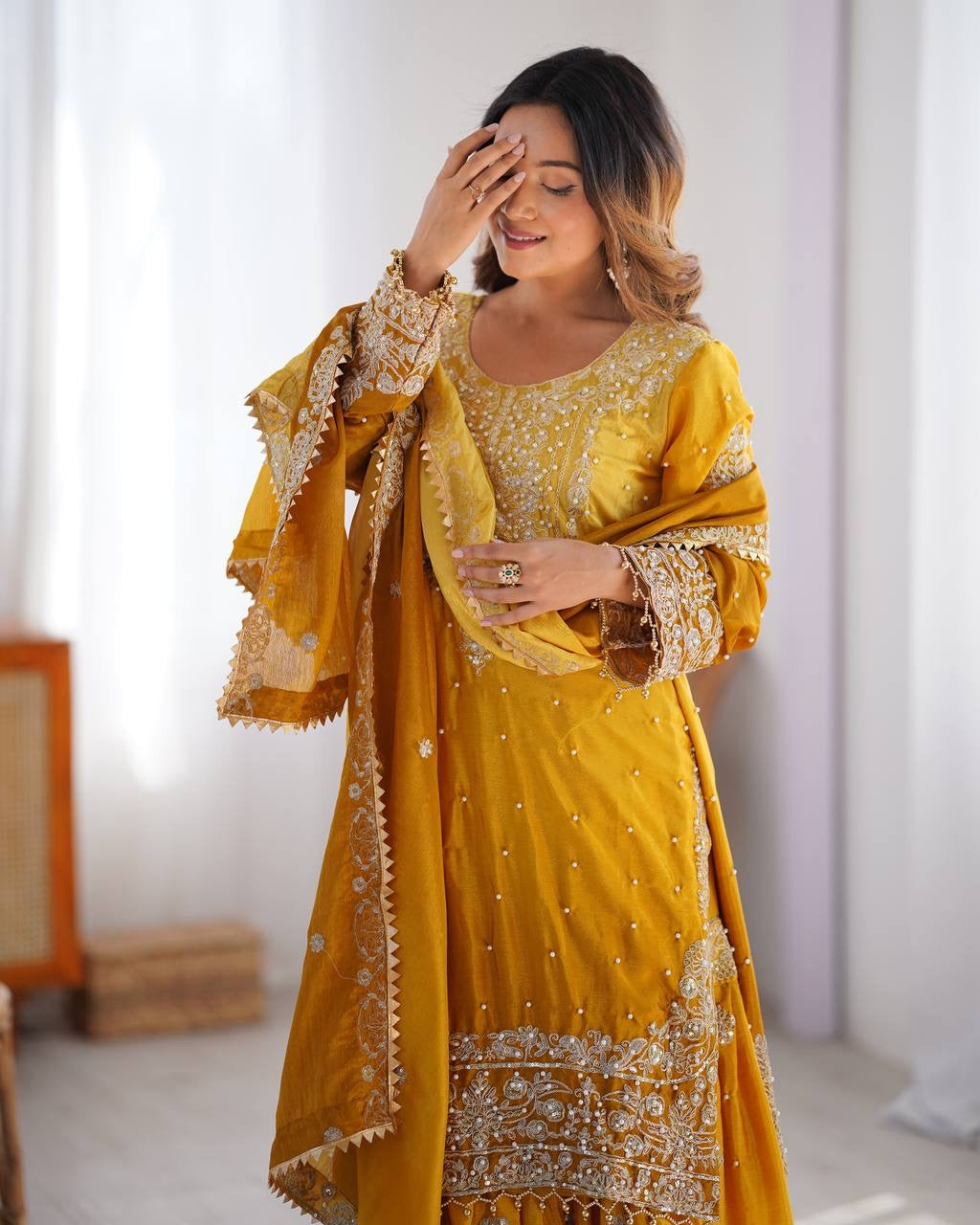 YELLOW WEDDING WEAR CHINON SILK PLAZZO DRESS