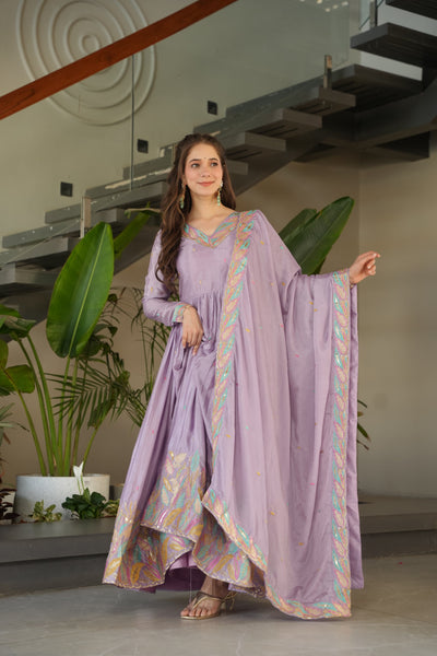 Chinnon Fabric Gown With Sequins & Multi-Thread Embroidered Dupatta