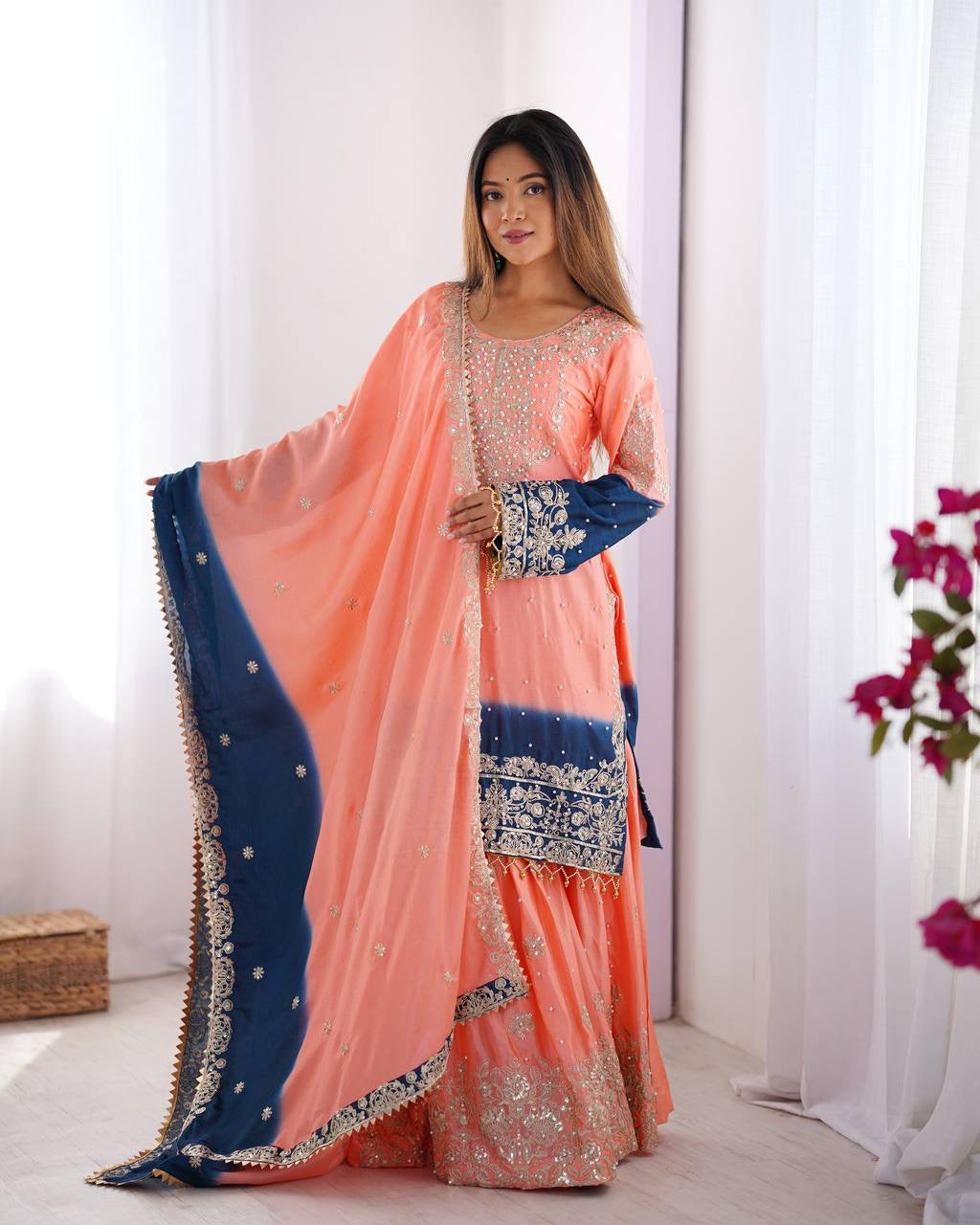 LIGHT PINK WITH BLUE WEDDING WEAR CHINON SILK PLAZZO DRESS