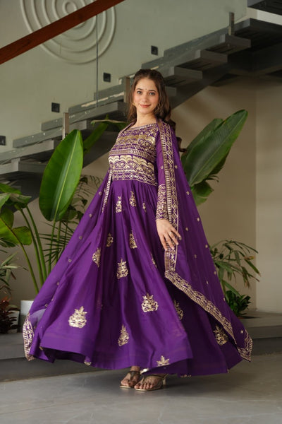 Purple Color Chinon Gown With Embroidery Dupatta