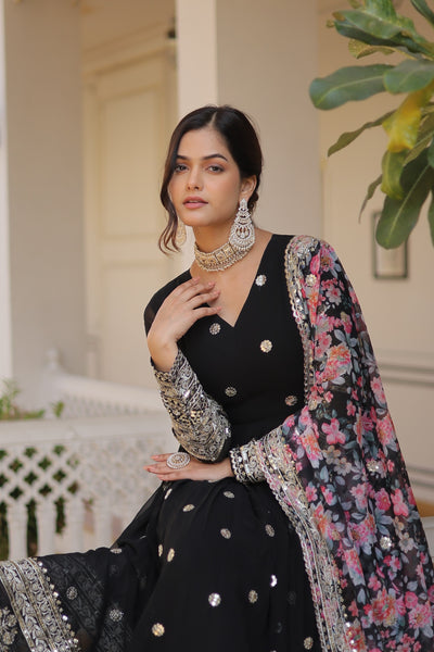 Black Heavy Embroidery Gown With Printed Dupatta