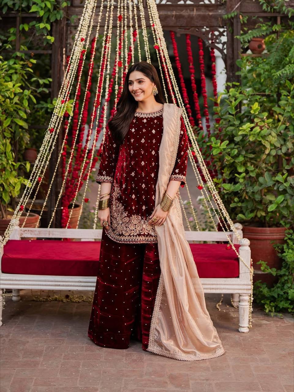 Maroon Velvet Salwar Kuit With Beige Dupatta
