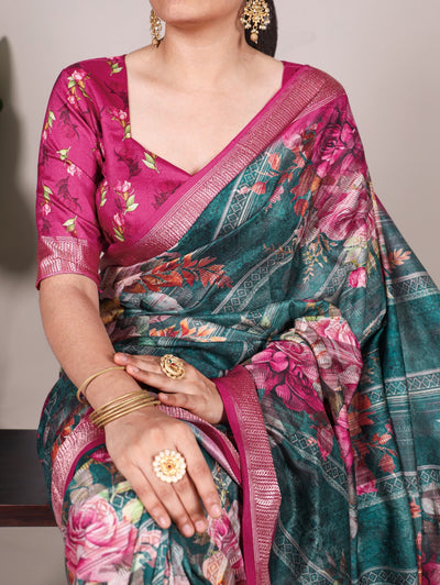 Elegant Tussar Silk Printed Saree With Viscose Border And Unstitched Blouse
