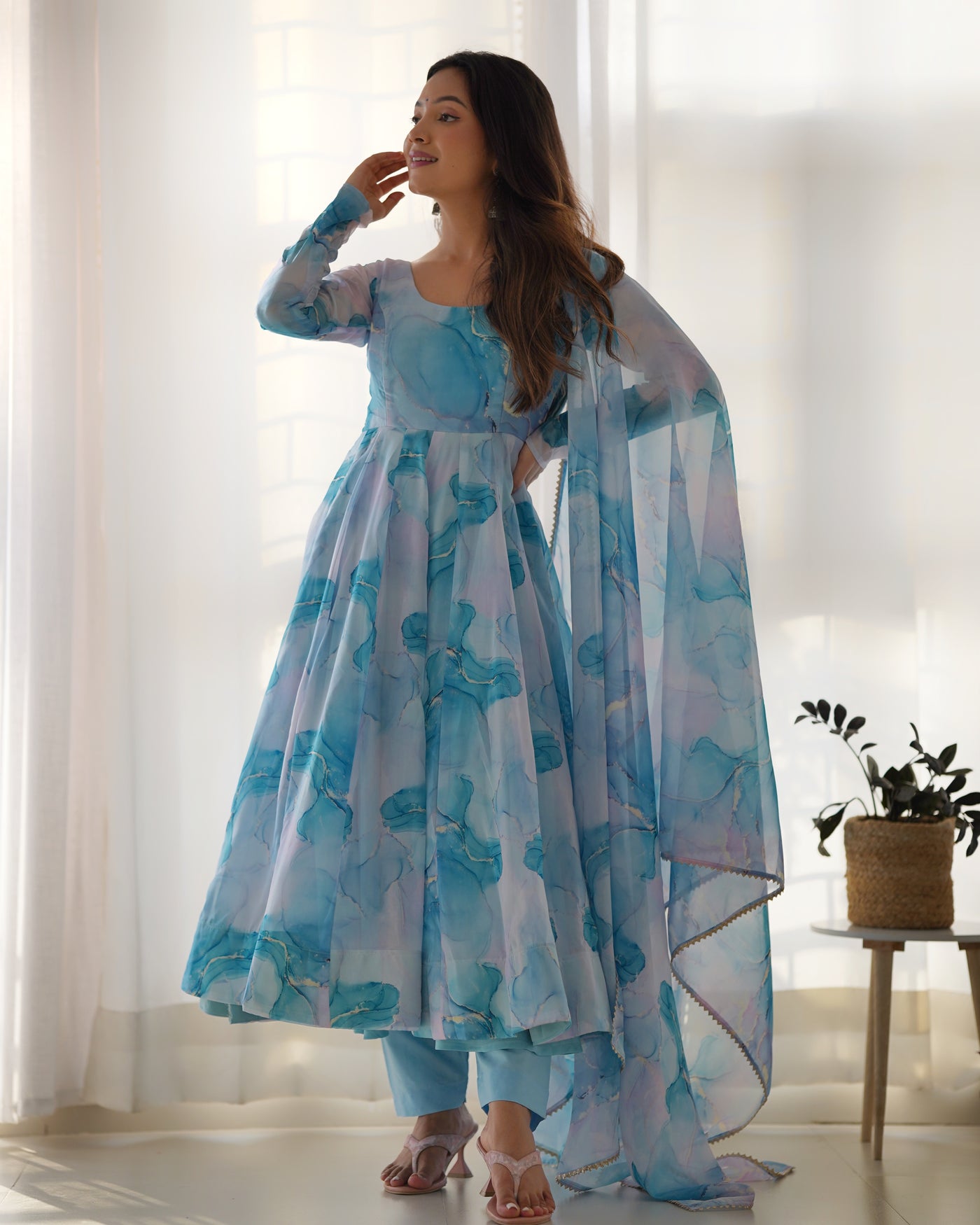 Pure Organza Silk Marble Print Anarkali Set With Dupatta And Pant