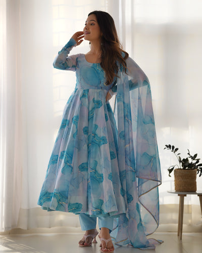 Pure Organza Silk Marble Print Anarkali Set With Dupatta And Pant