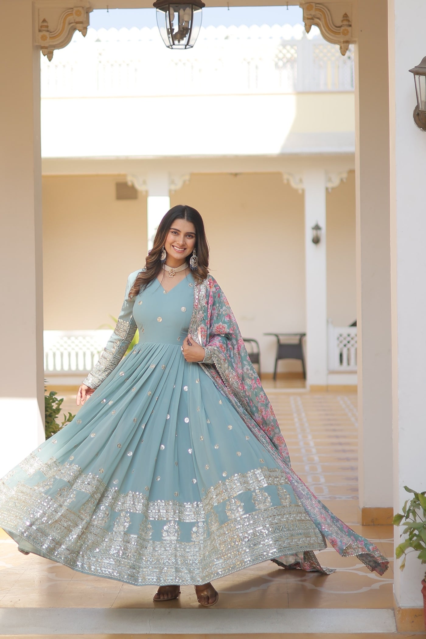 Botticelli Color Heavy Embroidery Gown With Printed Dupatta