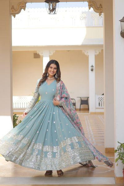 Botticelli Color Heavy Embroidery Gown With Printed Dupatta