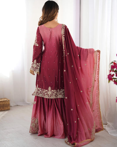 Solid Pink Color Wedding Wear Chinon Silk Plazzo Dress