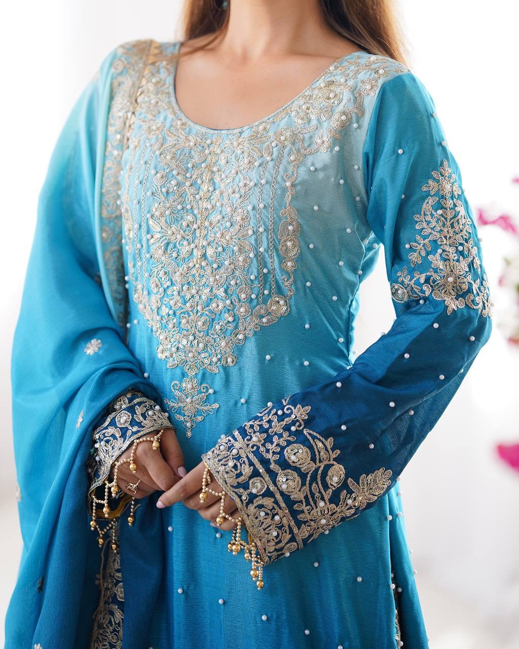BLUE WEDDING WEAR CHINON SILK PLAZZO DRESS