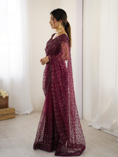 Wine Color Net Saree With Fancy Dupatta