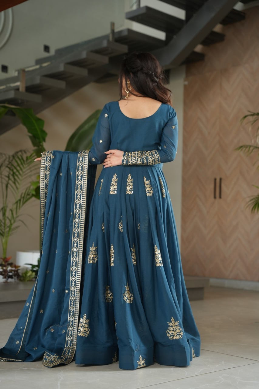 Green Teal Color Chinon Gown With Embroidery Dupatta