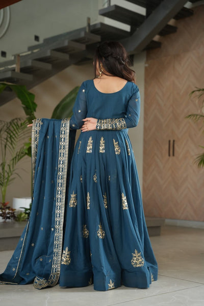 Green Teal Color Chinon Gown With Embroidery Dupatta