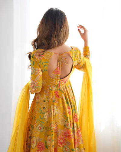 YELLOW KEDIYA ROMAN SILK PARTYWEAR DRESS