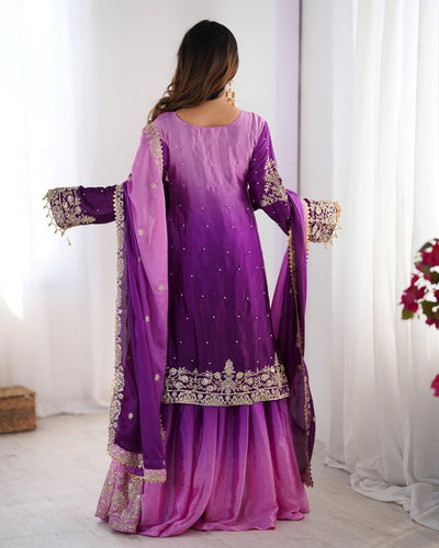 Purple Color Wedding Wear Chinon Silk Plazzo Dress