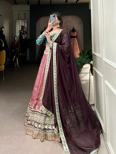 Peach Moonga Silk Lehenga Set with Sequins & Embroidered Organza Dupatta