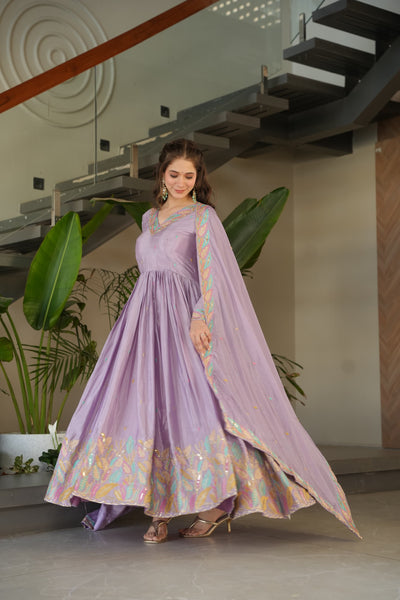 Chinnon Fabric Gown With Sequins & Multi-Thread Embroidered Dupatta