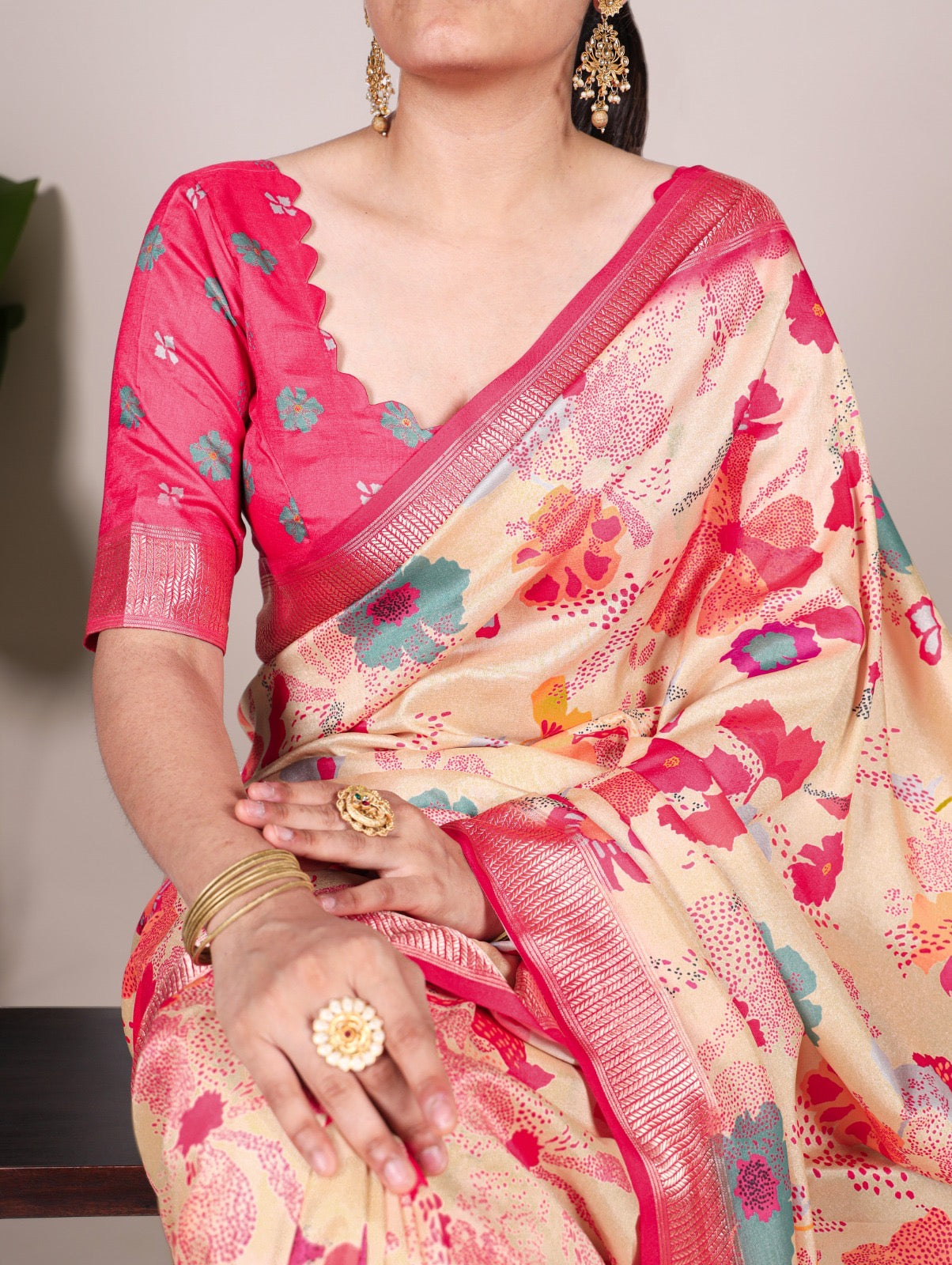 Elegant Tussar Silk Printed Saree With Viscose Border And Unstitched Blouse