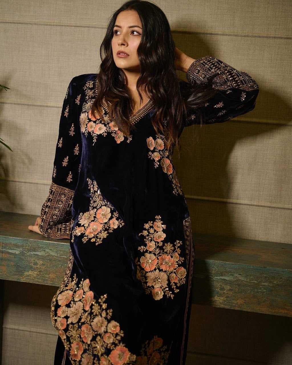 Royal Blue Velvet Kurti With Intricate Gold And Peach Embroidery