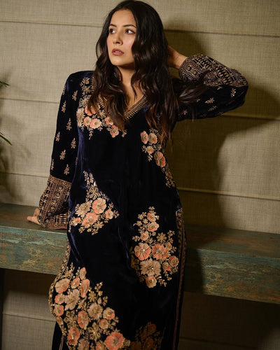 Royal Blue Velvet Kurti With Intricate Gold And Peach Embroidery